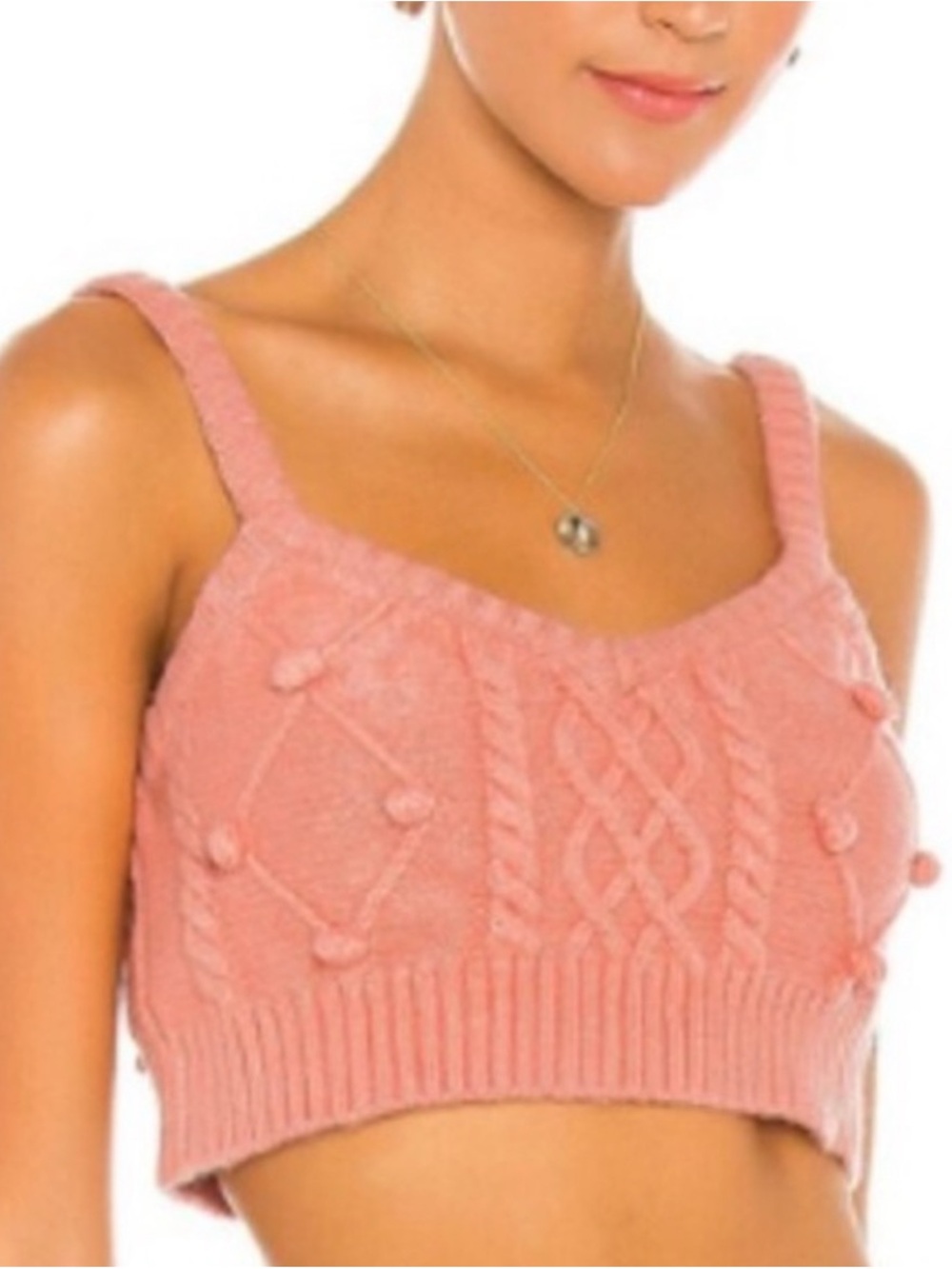 For Love And Lemons Pink Cable-Knit Pom-Pom Crop Tank